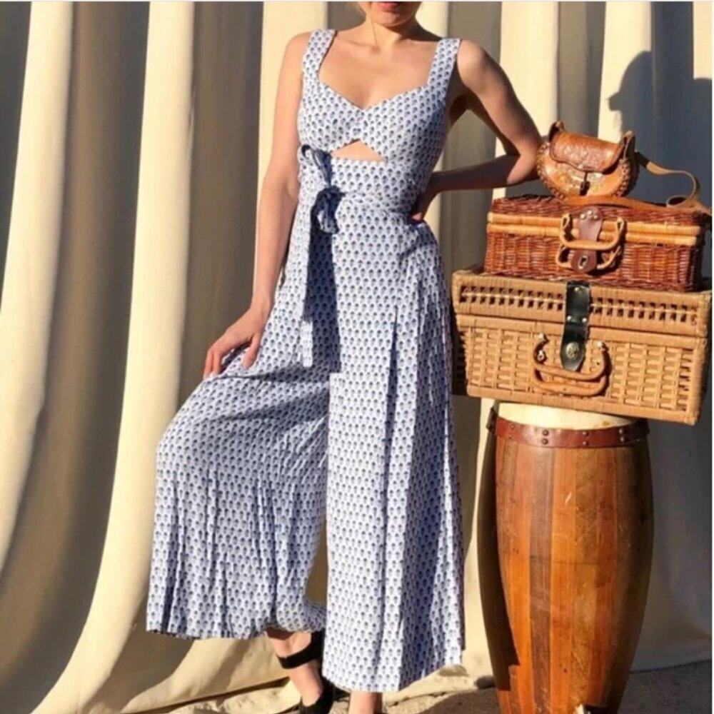Rebecca Taylor Cutout Tulip Floral Sleeveless Wide-Leg‎ Jumpsuit Navy Sz 0